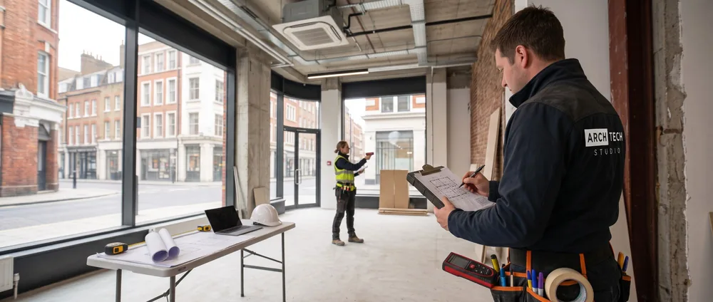 Two ARCHTECH STUDIO surveyors measuring a vacant commercial unit with a laser measure and a plan on a clipboard