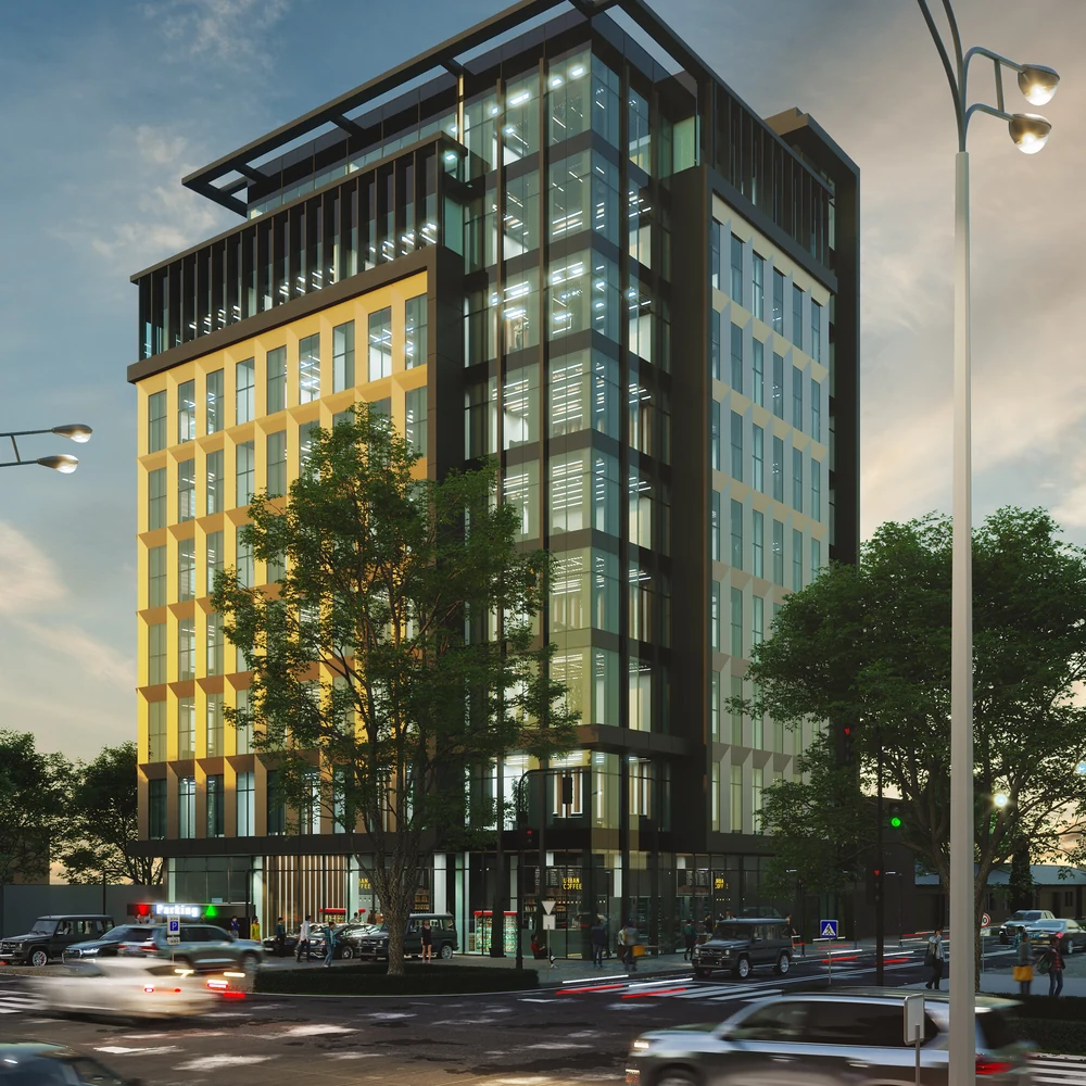 CGI of a commercial business centre at dusk with a glazed, bronze-clad facade
