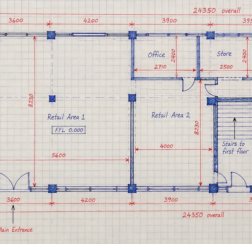 Hand-drawn measured survey plan of a commercial ground floor with dimensions on squared paper