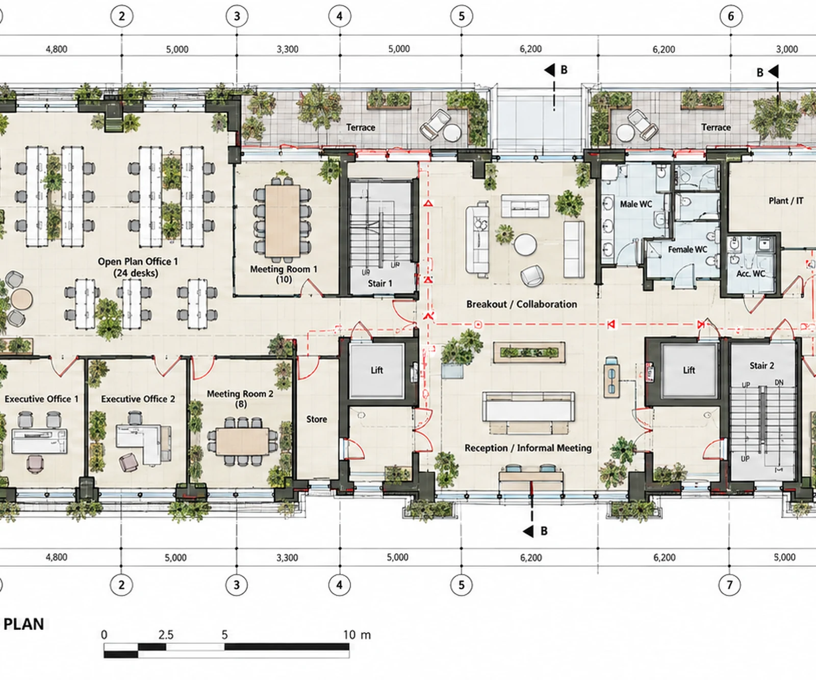 Coloured first floor plan of a commercial office at 1:50 with room names, furniture layout and grid lines