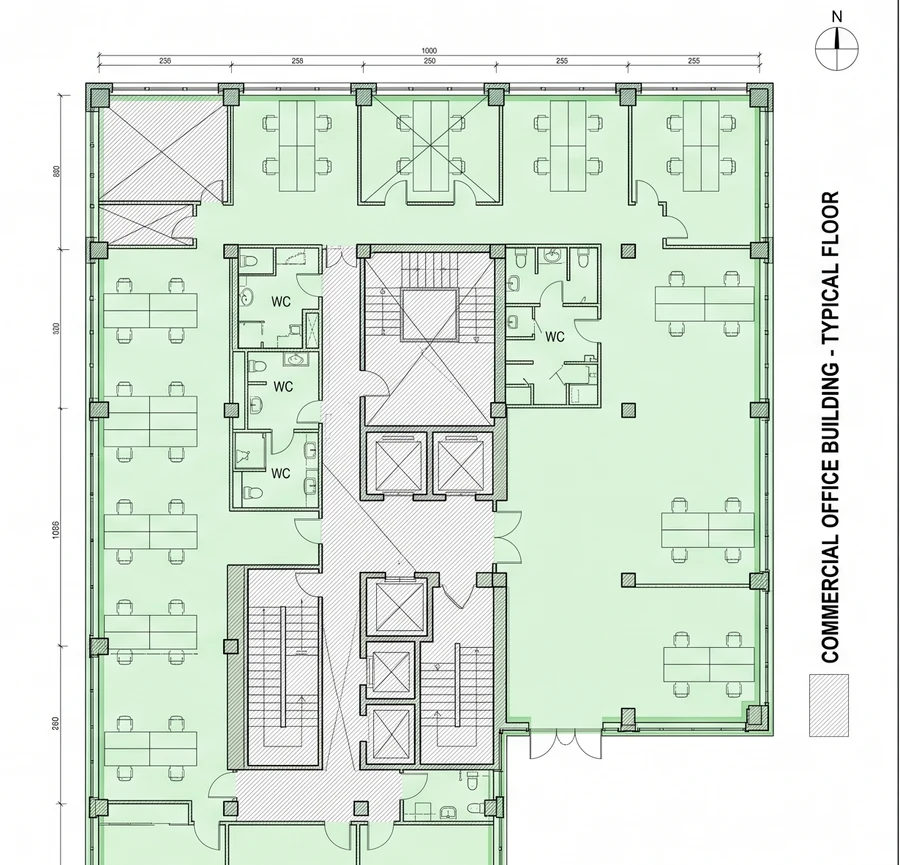 Net Internal Area (NIA) plan of a commercial office floor with usable space shaded green and core areas excluded