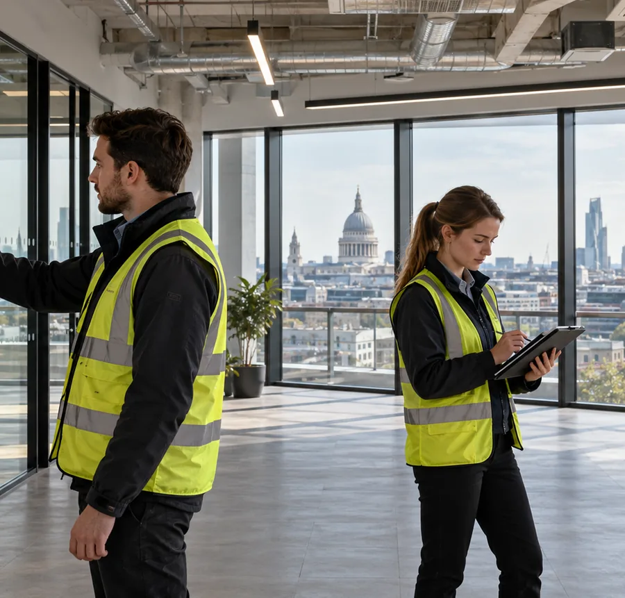 Two surveyors in hi-vis measuring a commercial office with a laser measure and a tablet