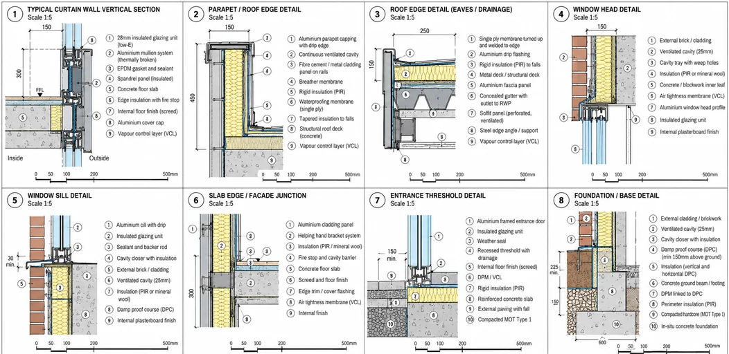 Building regulations detail sheet with a curtain wall section and parapet, eaves and window head details
