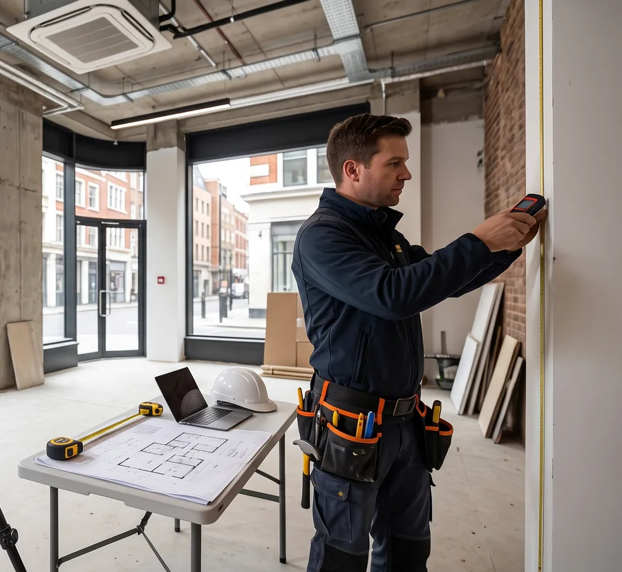 ARCHTECH STUDIO surveyor with a laser scanner on a tripod and a plan on a table inside a commercial unit