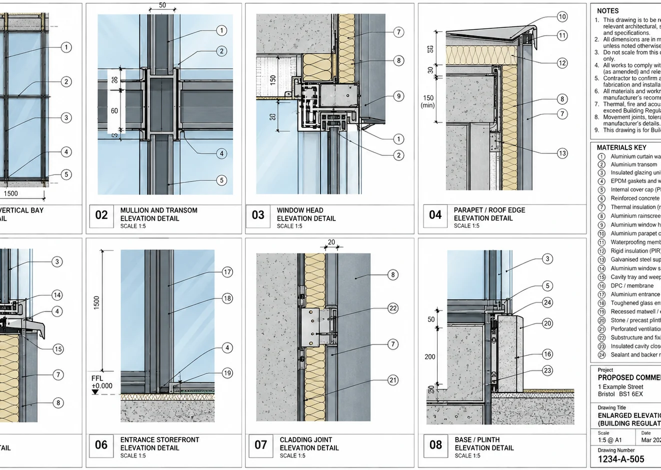 Building regulations detail sheet showing curtain wall elevation details, mullion and transom, window head and sill