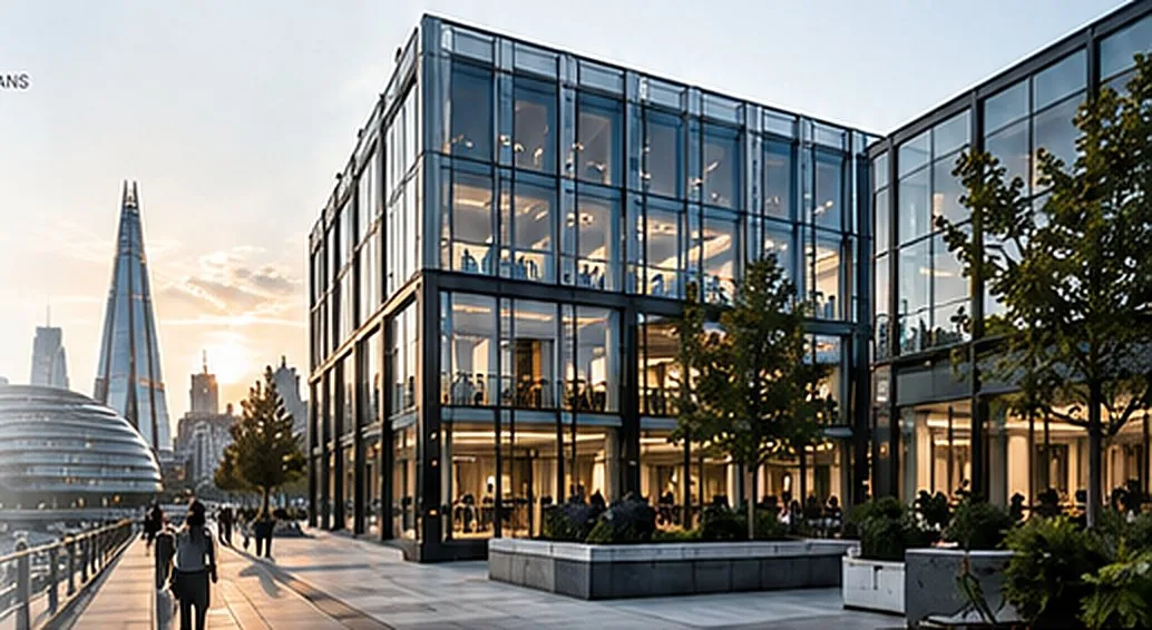 Glazed office building beside a riverside walk with The Shard behind