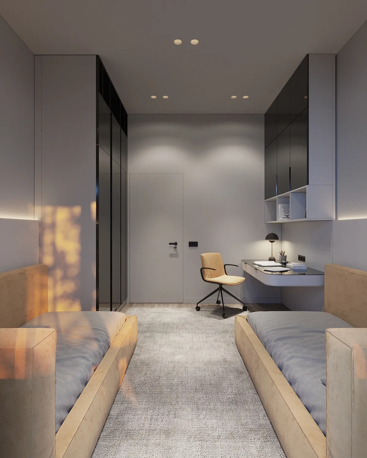 Interior CGI of a children's bedroom with built-in desks, upholstered single beds and tall glazed wardrobes
