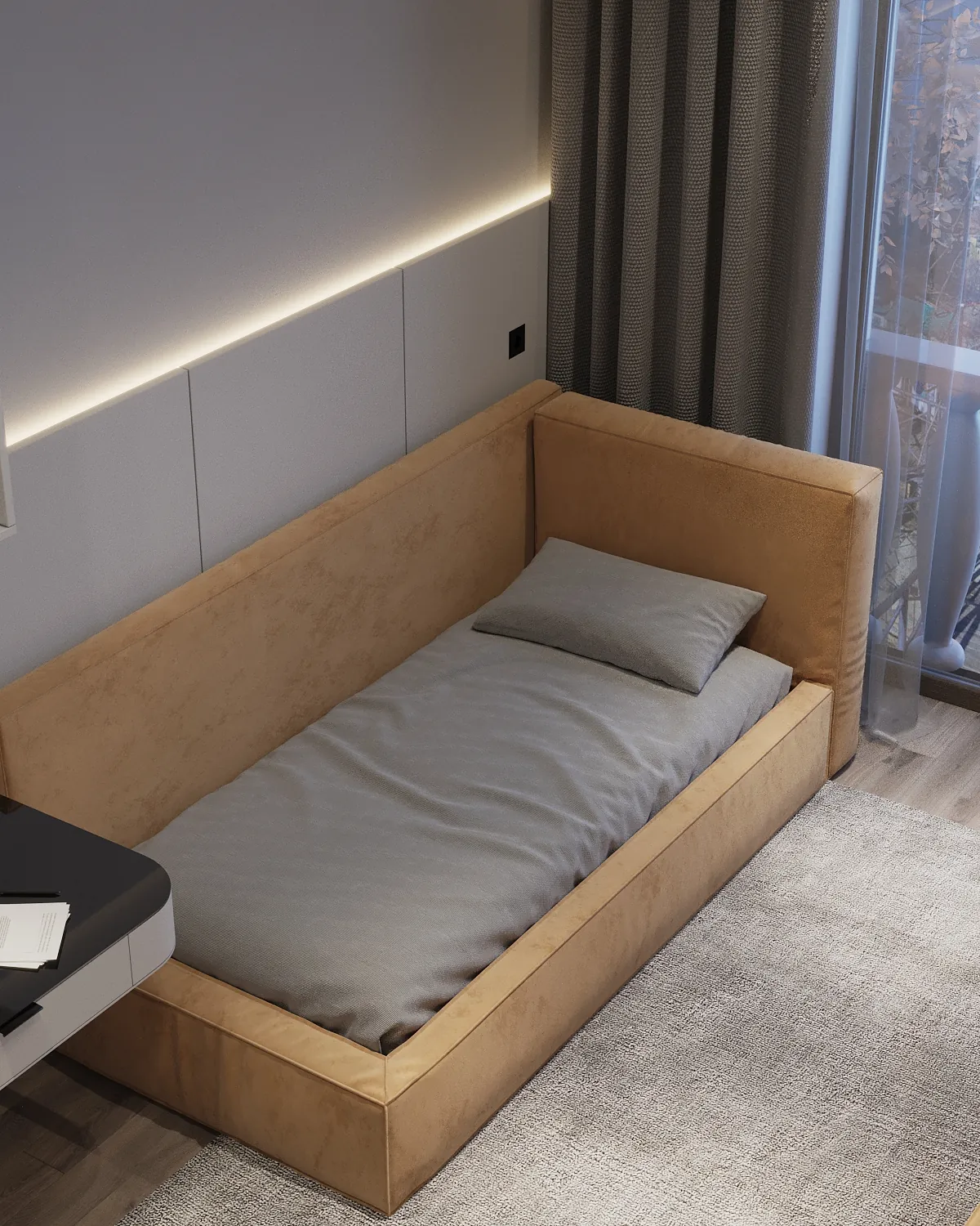 Interior CGI of a children's bedroom with built-in desks, upholstered single beds and tall glazed wardrobes