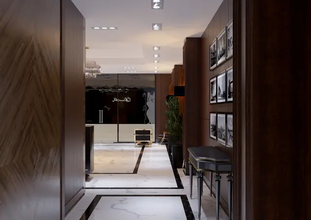 CGI of the Brooklyn entrance lobby with timber panelling and marble floors, view 1