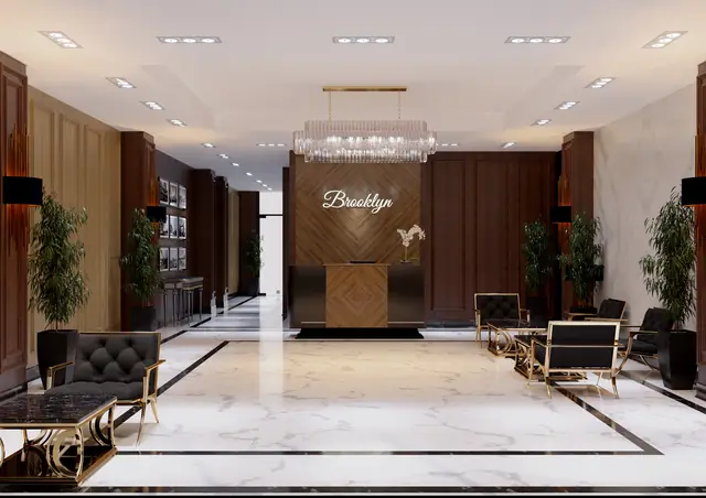 CGI of the Brooklyn entrance lobby with timber panelling and marble floors, view 2
