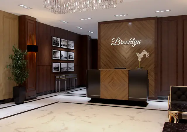 CGI of the Brooklyn entrance lobby with timber panelling and marble floors, view 4