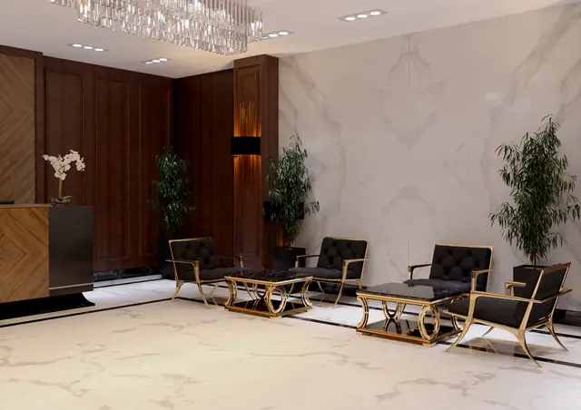 CGI of the Brooklyn entrance lobby with timber panelling and marble floors, view 5
