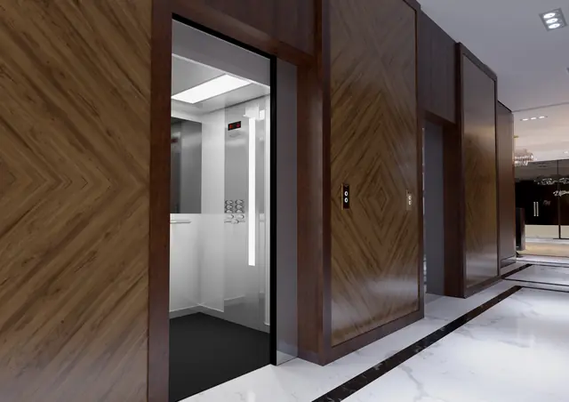 CGI of the Brooklyn entrance lobby with timber panelling and marble floors, view 6