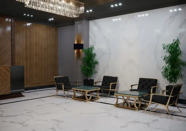 CGI of the Brooklyn entrance lobby with timber panelling and marble floors, view 13