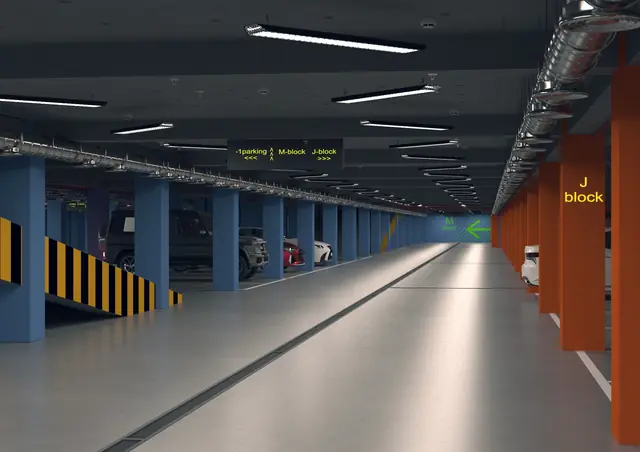 CGI of the Brooklyn underground car park with colour-coded blocks, view 2