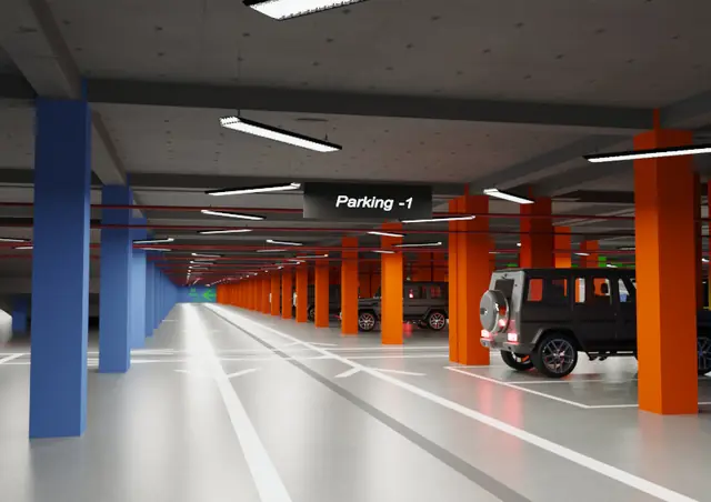 CGI of the Brooklyn underground car park with colour-coded blocks, view 3