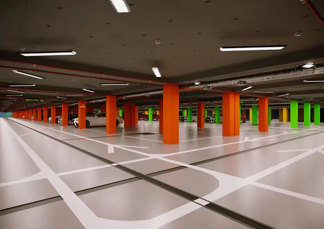 CGI of the Brooklyn underground car park with colour-coded blocks, view 4