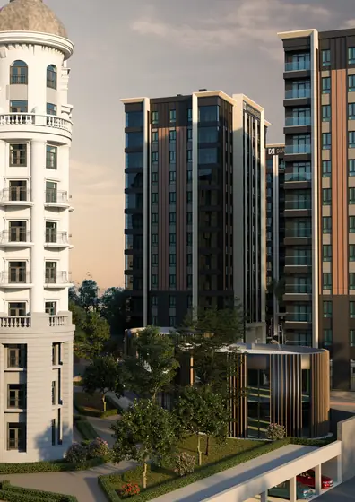 CGI of the residential complex towers beside a classical building