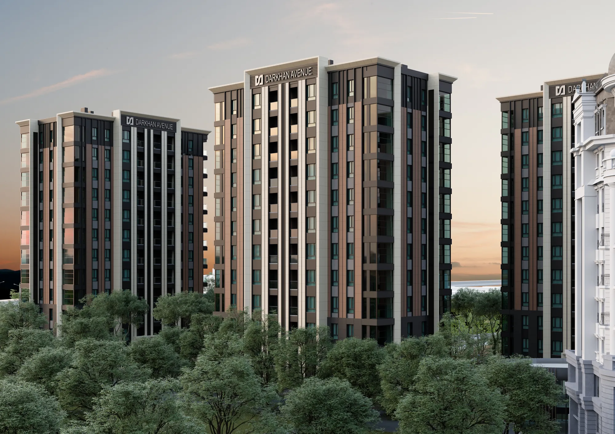CGI of the residential towers surrounded by trees at sunset