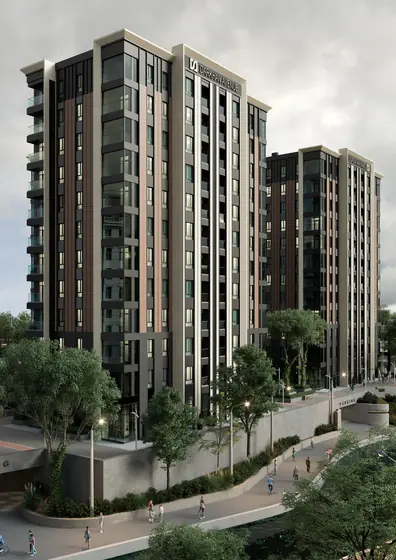 CGI of two residential towers seen from a landscaped slope