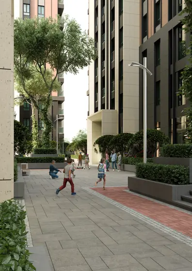 CGI of a pedestrian street between the towers with planting
