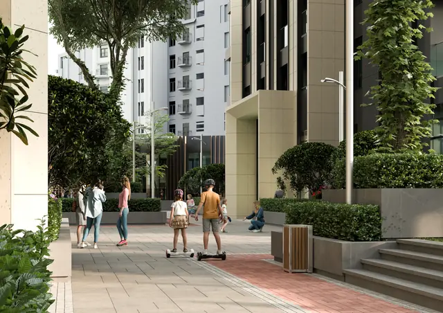 CGI of steps and planters at the base of the towers