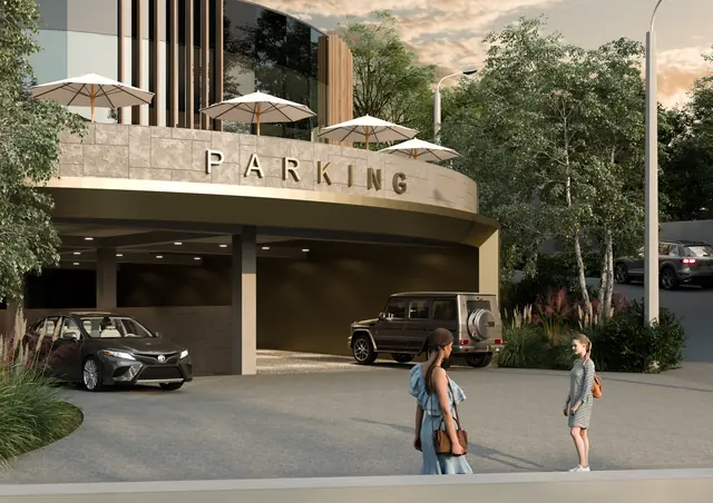 CGI of the parking entrance canopy with outdoor café umbrellas
