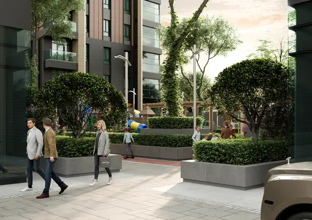 CGI of people walking through a landscaped courtyard