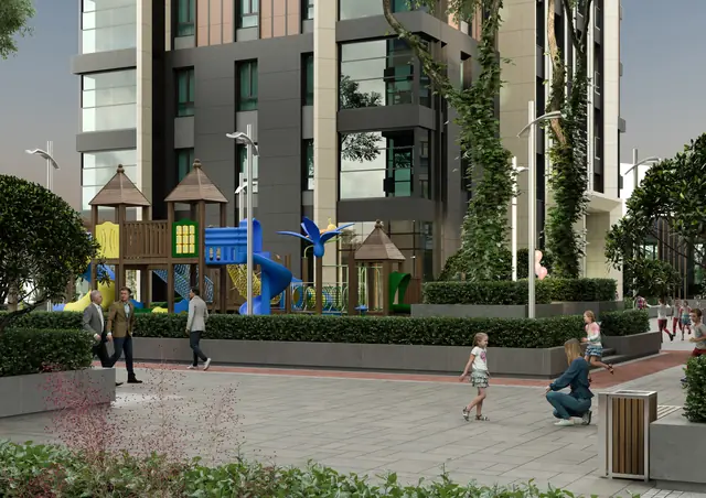CGI of a children’s playground with climbing plants on the facades