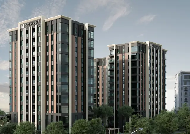 CGI of two residential towers with light and dark facade panels