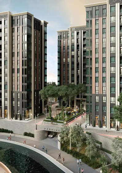 CGI of the towers rising above a landscaped water channel