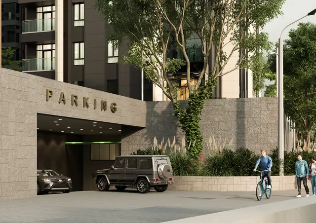 CGI of the parking entrance with stone cladding and a cyclist