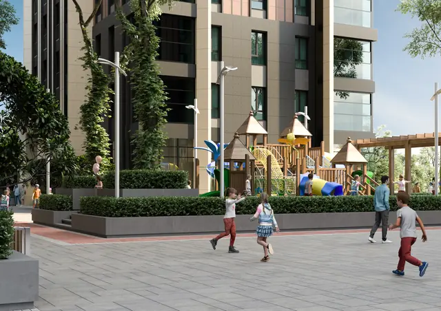CGI of a courtyard playground with children and a pergola
