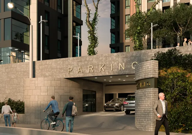 CGI of the parking entrance canopy at street level