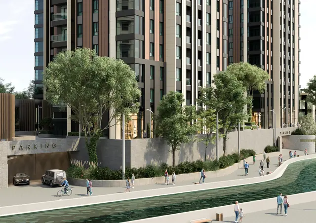 CGI of a landscaped path along the water channel below the towers