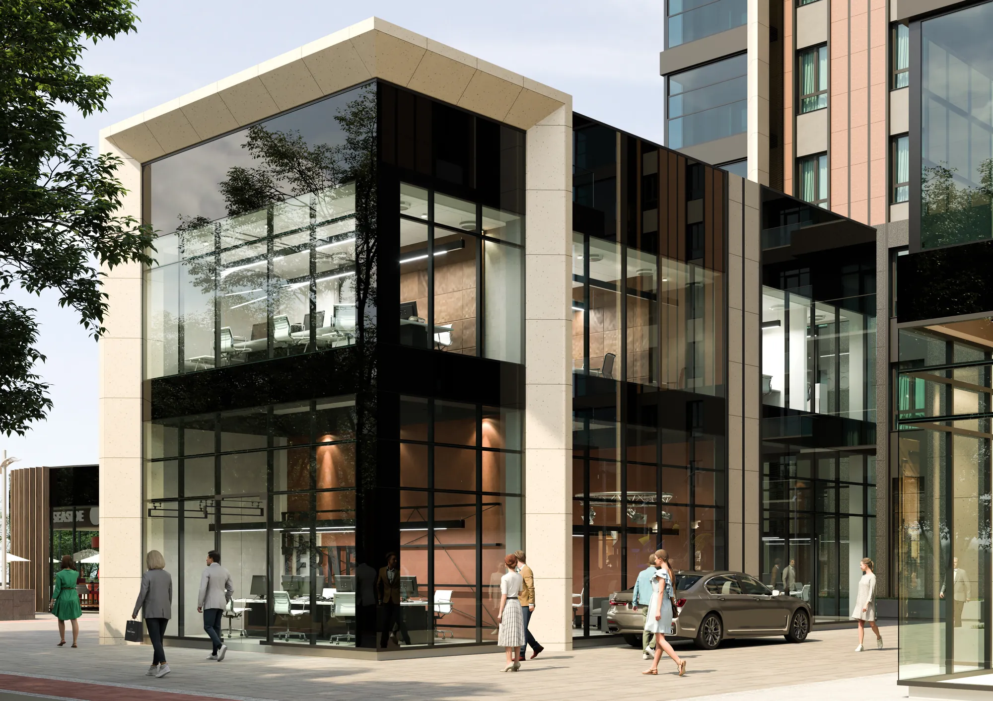 CGI of a glazed commercial building at the entrance to the complex