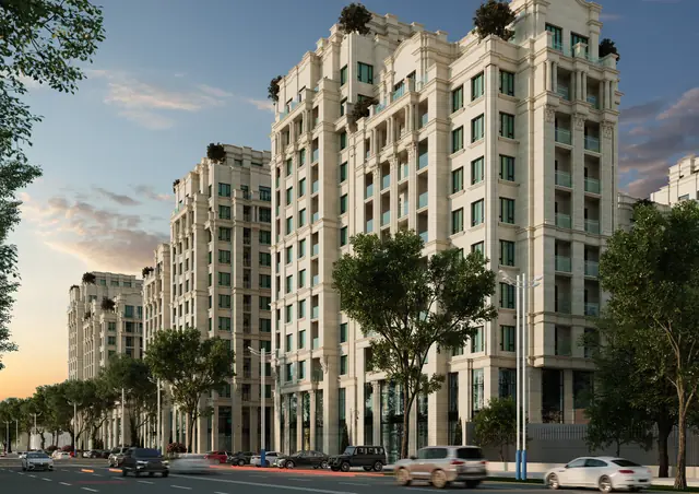 CGI of the building along a tree-lined street at sunset