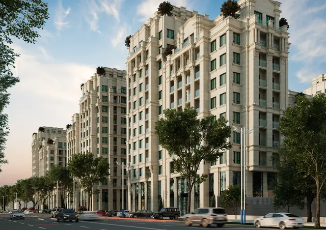 CGI of the building along a tree-lined street by day