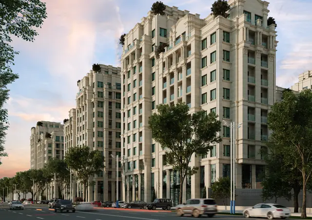 CGI of the building along a tree-lined street at dusk