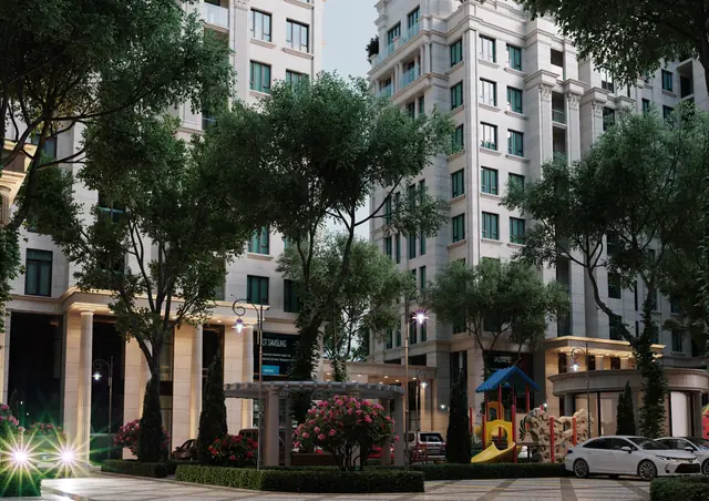 CGI of a landscaped corner with a children’s playground in the evening