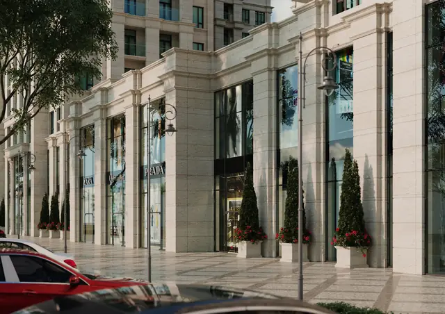 CGI of the colonnaded ground-floor arcade