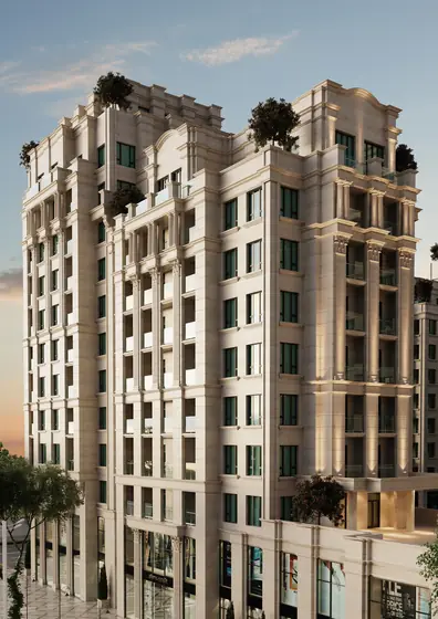 CGI of the corner of the building in evening light, option c