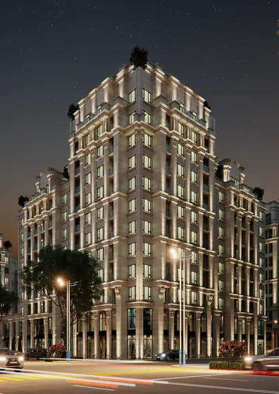 CGI of the building illuminated at night