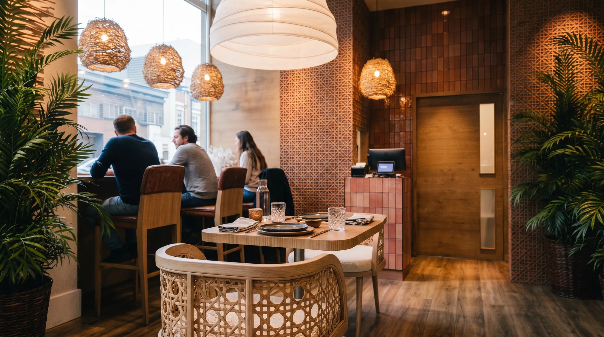 Interior visualisation of a restaurant by day, with woven pendant lights, palms and a pink-tiled counter