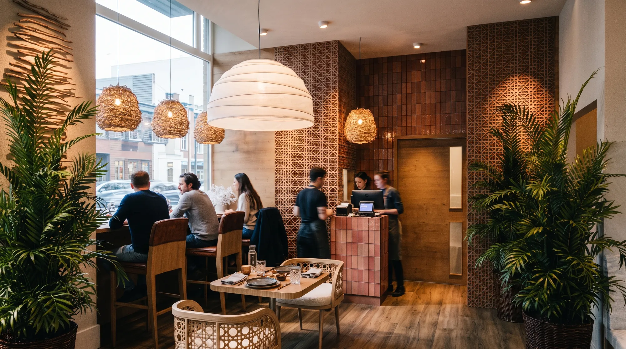 Interior visualisation of a restaurant by day, seen from the window table towards the counter