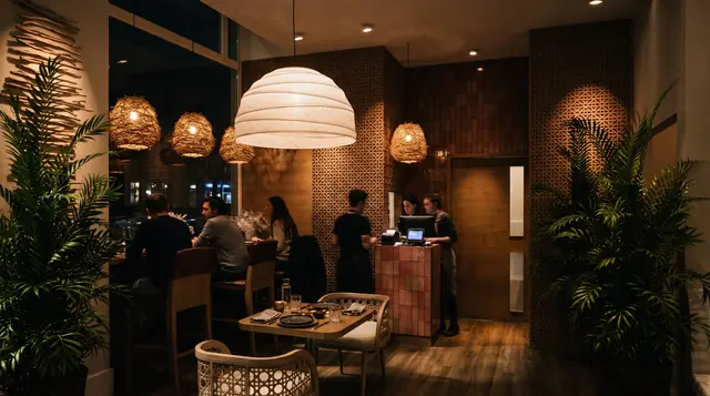 Interior visualisation of a restaurant in the evening, with glowing woven pendant lights and palms