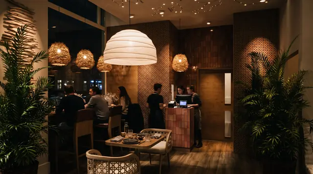 Interior visualisation of a restaurant in the evening, with diners at the window bar and the counter beyond