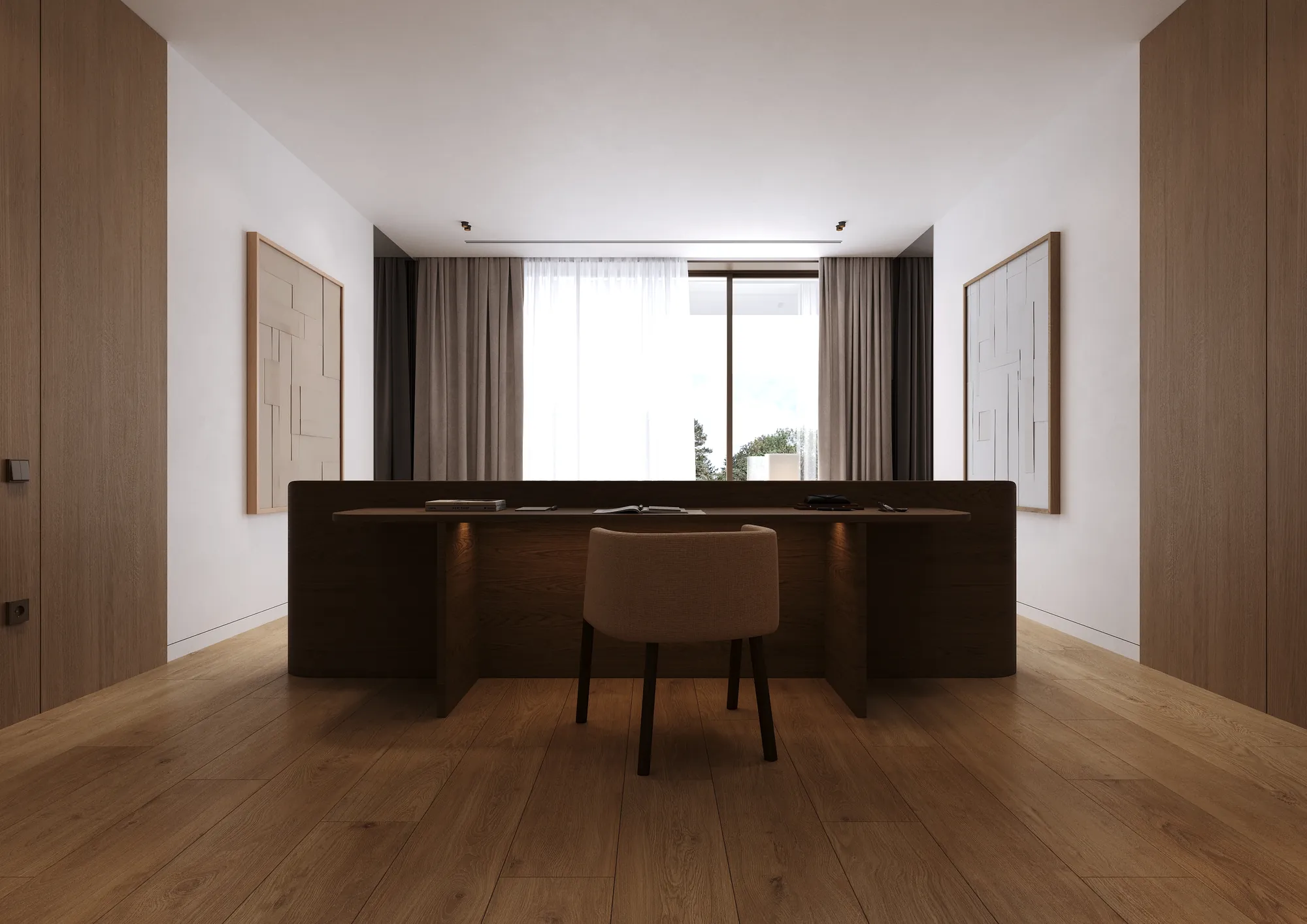 Interior CGI of a study with a long timber desk, oak flooring and full-height curtains