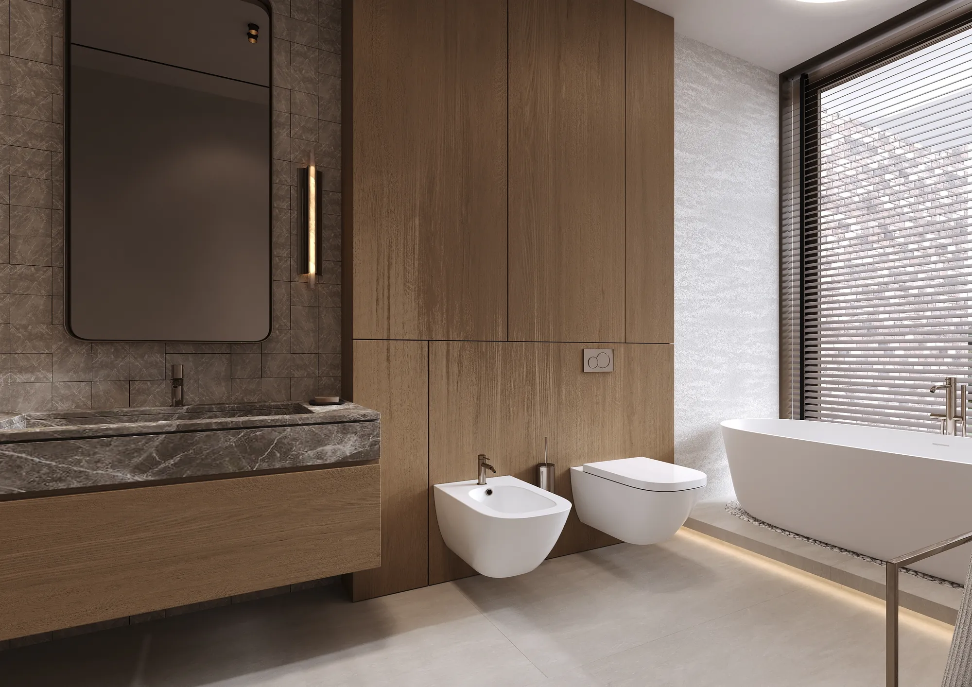 Interior CGI of a bathroom with stone worktop, timber cabinetry and a freestanding bath