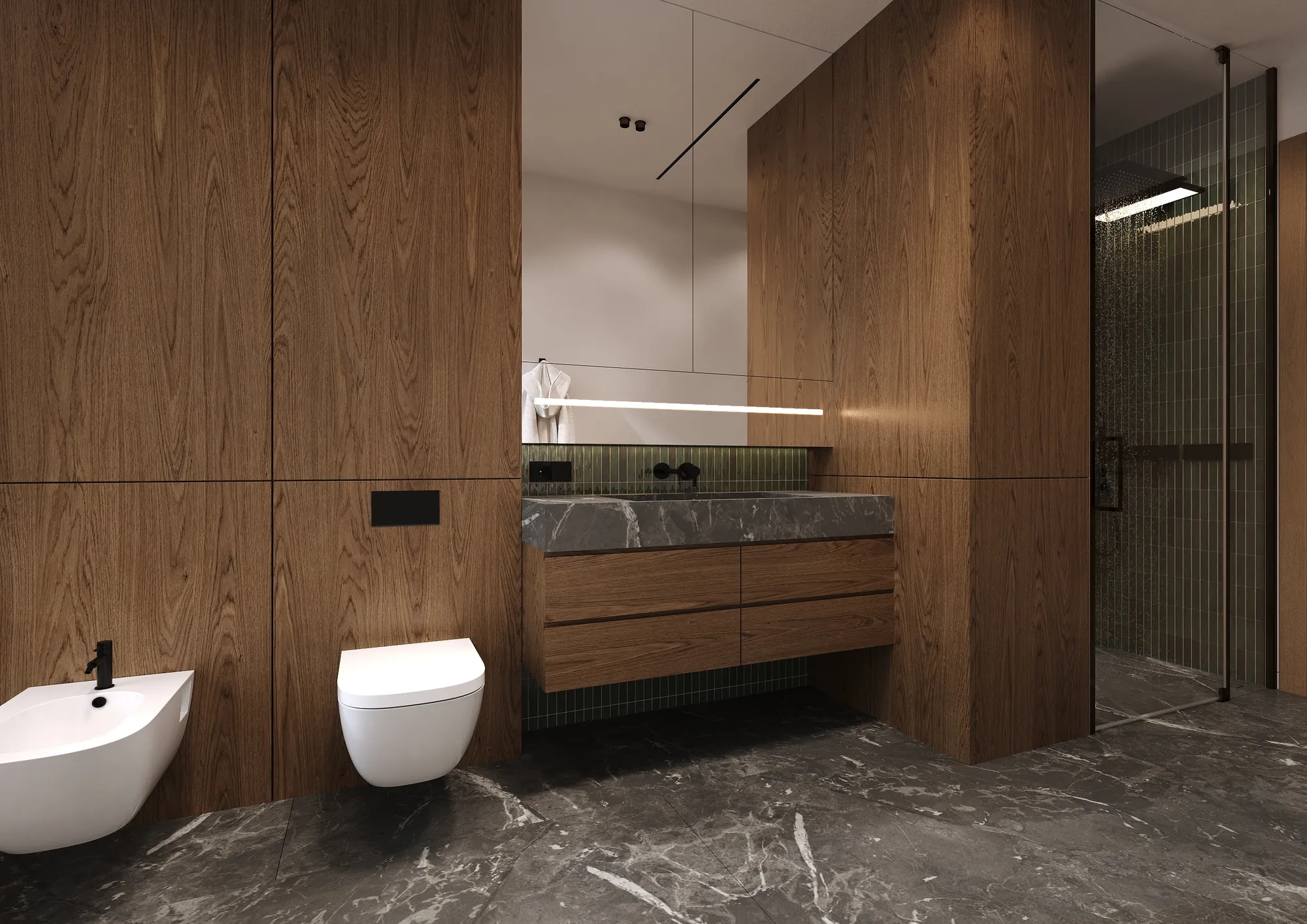 Interior CGI of a bathroom with stone and timber surfaces
